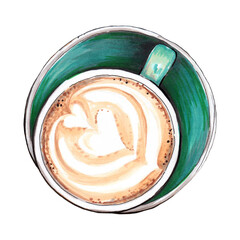 Hand drawn watercolor illustration. Coffee cup in cafe. Cappuccino or latte.