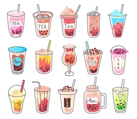 Bubble milk tea doodles, cold boba drinks with tapioca pearls. Taiwan sweet pearl tea drink, iced summer milkshakes and beverages vector set of milk tea delicious drink