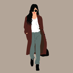 Kpop women's fashion idol. A girl in a brown coat in gray trousers and a white T-shirt with black shoes.