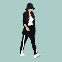  A girl in a black hat, black pants and white sneakers.  Street idols of Koreans. Kpop men's fashion idol.	