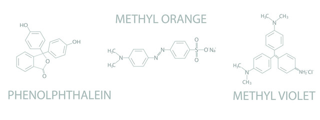 Structural formulas of chemical indicators. (Methyl orange, phenolphthalein, methyl violet)

