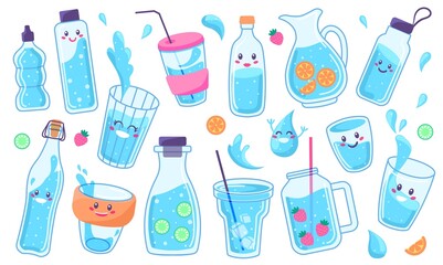 Cute water bottles and glasses, drink containers with funny faces. Healthy summer drinks with ice and lemon, reusable glass bottle vector set. Illustration of container water drink