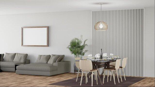 3D mockup photo frame in living room near dining table