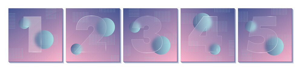 Square carousel stories social media posts. Glass morphism effect. Transparent frosted acrylic shape numbers on pastel gradient background. Futuristic realistic glassmorphism. Vector © zzayko