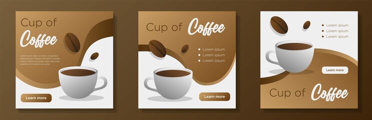 Coffee brunch café social media post, banner set, cup of aromatic cappuccino advertisement concept, breakfast shop marketing square ad, abstract print, isolated on background