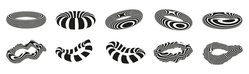 A set of 3D optical illustrations of a torus. Geometric deformed figures from twisted stripes. Illusion effect. Black and white 3d art. Vector illustration. © Vitalii
