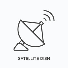 Satellite dish flat line icon. Vector outline illustration of parabolic antenna. Black thin linear pictogram for communication equipment