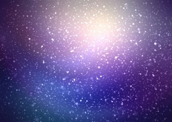 Snowflakes flying on winter night sky glowing background dark blue violet color. Soft texture.
