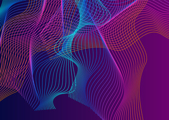 Colorful Wave Background Violet Vector. Twisted Cover. Neon Line Abstract. Motive Contour Template. Gradient Relax.