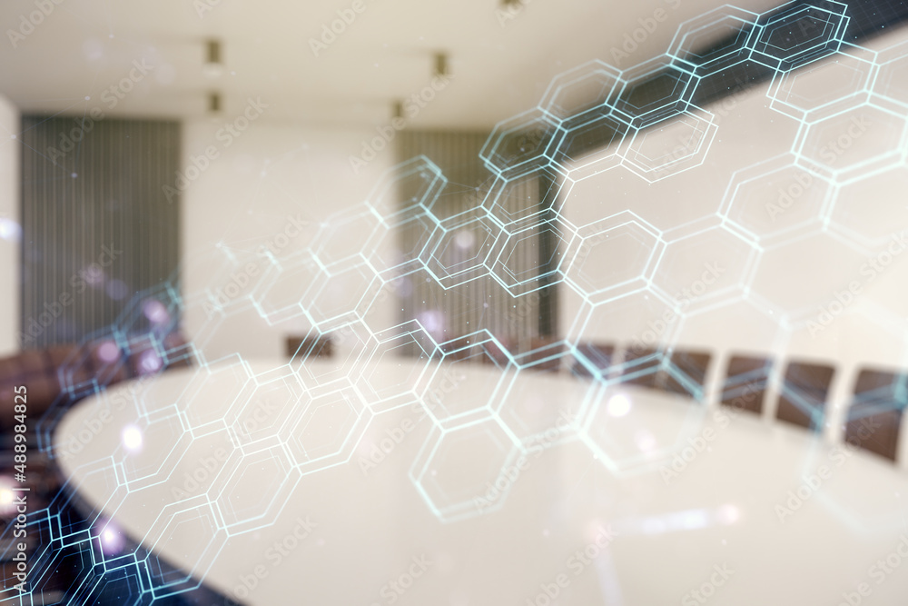 Poster abstract virtual wireless technology hologram with hexagon on a modern conference room background. b