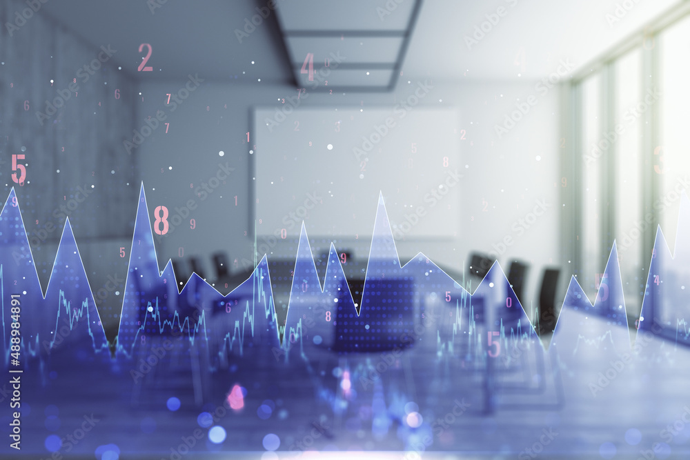 Poster abstract virtual analytics data spreadsheet on a modern coworking room background, analytics and ana