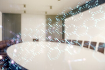 Abstract virtual wireless technology hologram with hexagon on a modern conference room background. Big data and database concept. Multiexposure