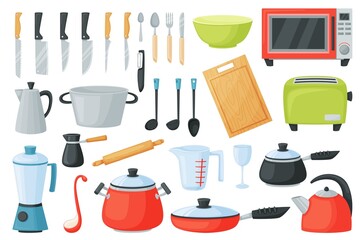 Cartoon kitchen utensils, cooking tools and appliances, kitchenware. Saucepan, frying pan, cutlery, microwave, cookware equipment vector set. Illustration of cooking kitchenware
