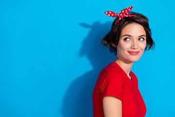 Profile side photo of young adorable lady think look empty space advert isolated over blue color background