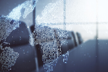 Abstract creative world map interface on a modern conference room background, international trading concept. Multiexposure