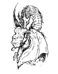 Hand drawn illustration with dragon. Black dragon, fantasy style. Ink work.