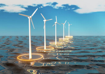 Wind generator on the water and background of blue sky. 3D Render.