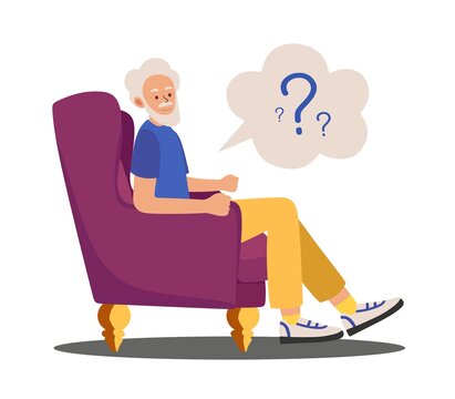 Dementia Grandpa in a chair can't figure out where he is Vector illustration in a flat style