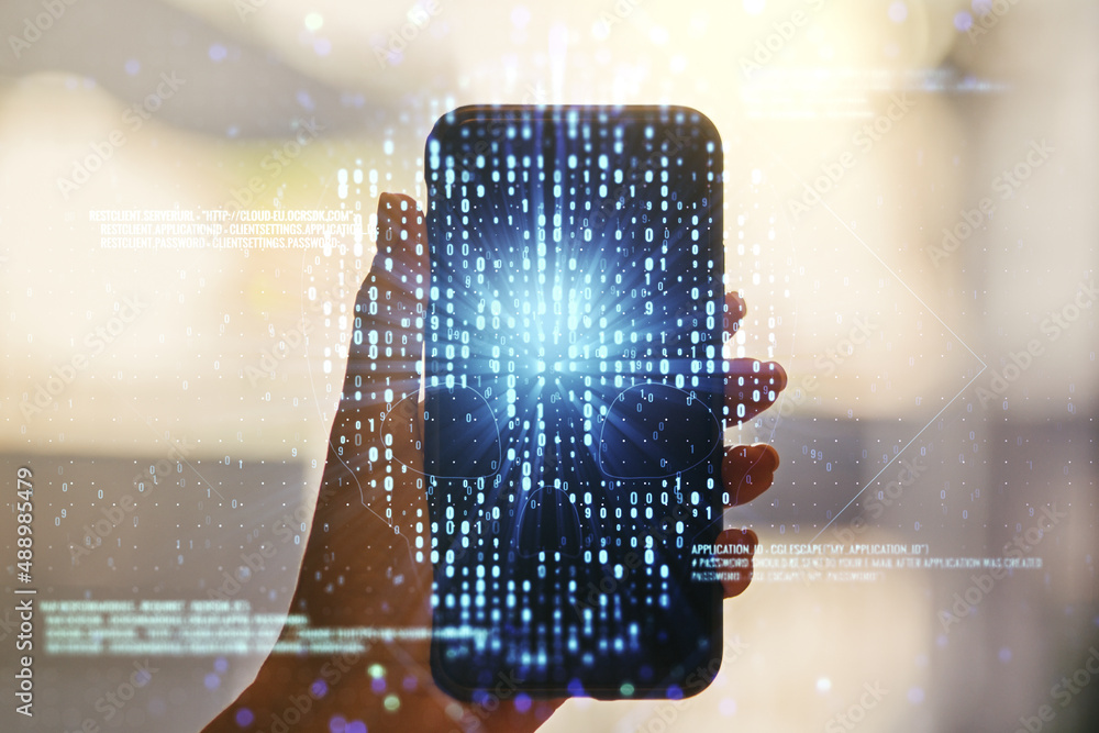 Poster double exposure of creative code skull hologram and hand with cell phone on background. malware and 
