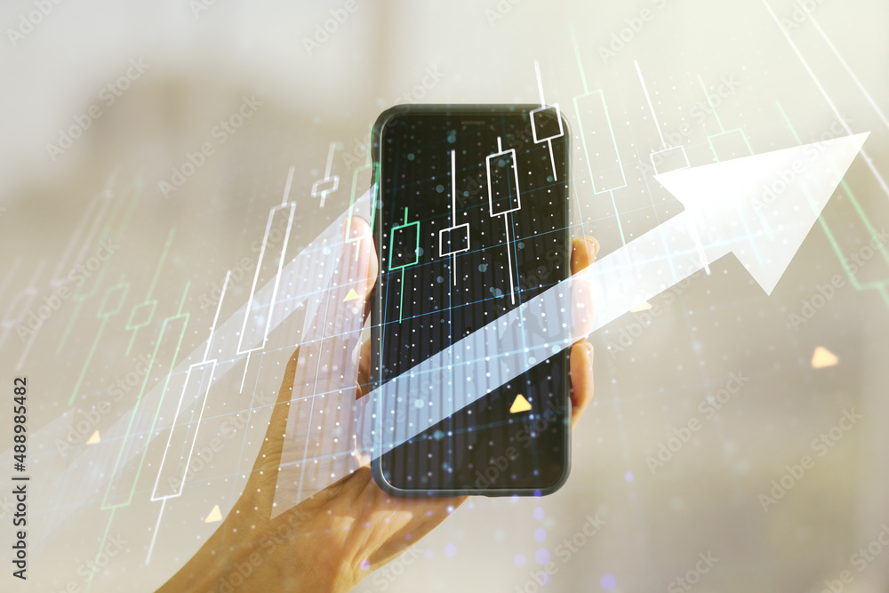 Poster multi exposure of abstract financial diagram with upward arrow and hand with cellphone on background