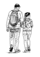 Sketch of father with daughter walking together for a stroll