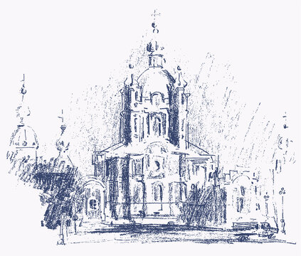 Textured hand drawing of ancient cathedral in baroque style