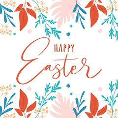 Fototapeta na wymiar Happy easter card with lettering. Design banner with flowers. Vector card for greeting card, sale,offer,promotion
