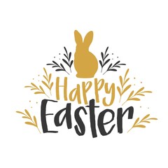 Easter greeting card with lettering and silhouette of rabbit, bunny. Happy easter