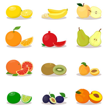 Fresh fruits whole and sliced. Lemon, orange, grapefruit, lime, banana, pomegranate, kiwi, plum, apple, pear, apricot, peach. Vector illustration.