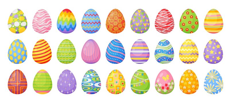 Cartoon chocolate easter eggs, colorful painted egg with patterns. Traditional spring season holiday celebration decor element vector set. Illustration of easter eggs drawing