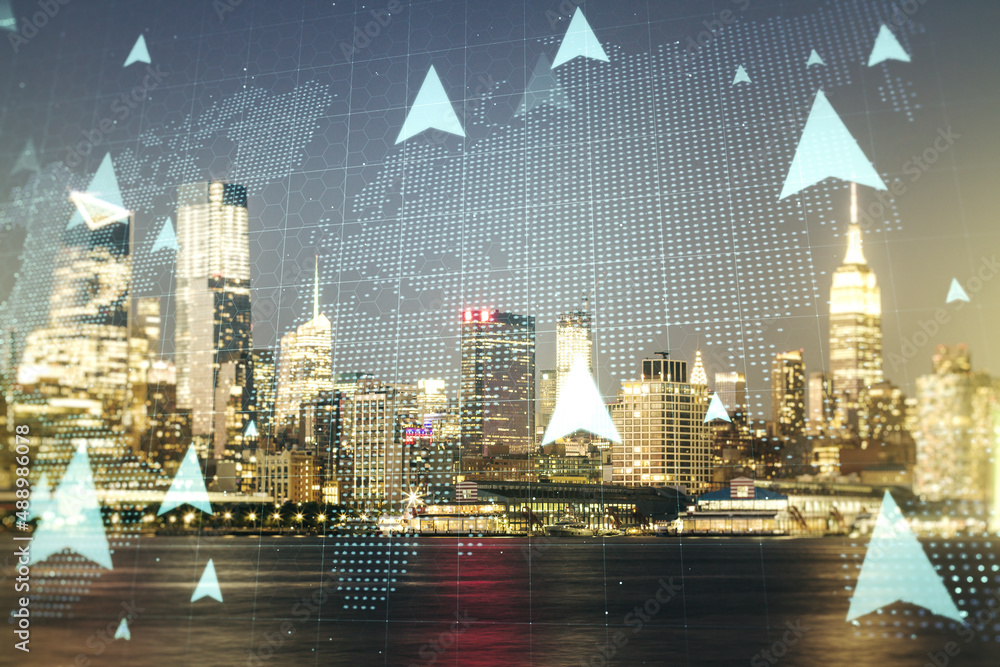 Poster abstract virtual gps locator sketch with world map on new york cityscape background, monitoring and 