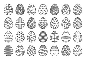 Outline easter eggs, cute painted egg doodles with different patterns. Sketch spring holiday decor, easter celebration elements vector set of easter spring, drawing holiday outline illustration
