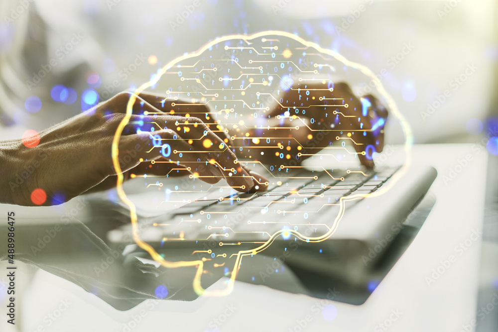Poster double exposure of creative human brain microcircuit with hand typing on computer keyboard on backgr