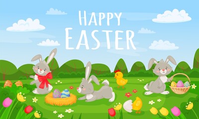 Cartoon spring landscape with cute easter bunnies and eggs. Happy easter card, springtime meadow scenery with flowers vector illustration. Spring rabbit easter, bunny and flower