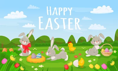 Poster Cartoon spring landscape with cute easter bunnies and eggs. Happy easter card, springtime meadow scenery with flowers vector illustration. Spring rabbit easter, bunny and flower © Frogella.stock