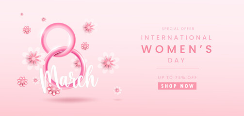 8 march background or banner. International women's day floral decorations in paper art style with realistic flowers. Greeting card on pastel pink tone. Vector illustration