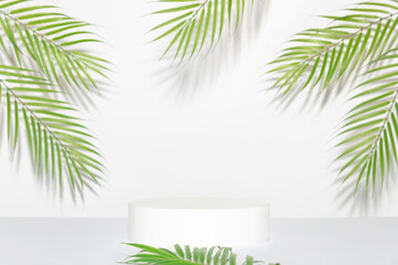 Abstract empty white podium and palm leaves on grey background. Mock up stand for product presentation. 3D Render. Minimal concept.