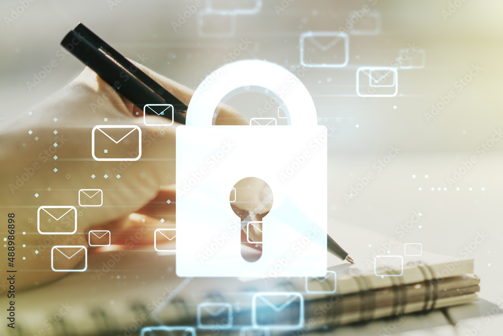 Poster creative lock sketch with email symbols hologram and woman hand writing in notepad on background, pr