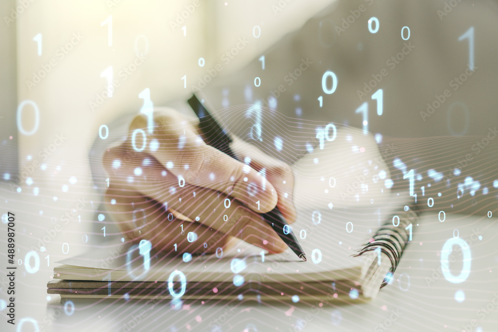Poster creative abstract binary code hologram and man hand writing in diary on background, ai and machine l