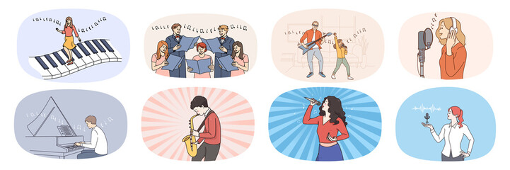 Set of people have fun singing and playing musical instruments. Collection of men and women enjoy music leisure activity. Hobby and entertainment. Musician and artist. Vector illustration.  © Dzianis Vasilyeu