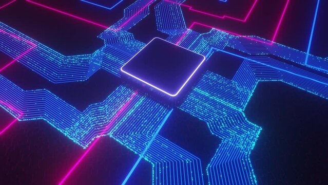3d neon microchip city grid animation