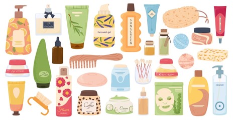 Skincare and beauty products, cosmetic bottles, tubes and jars. Cartoon cleanser, face mask, eye cream, hygiene self care product vector set. Illustration of beauty cosmetic bottle