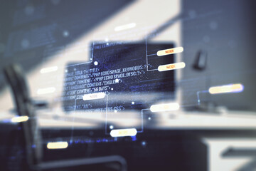 Double exposure of abstract creative programming illustration and modern desk with computer on background, big data and blockchain concept