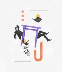 Creative design. Employee sticking out falling table isolated over white background