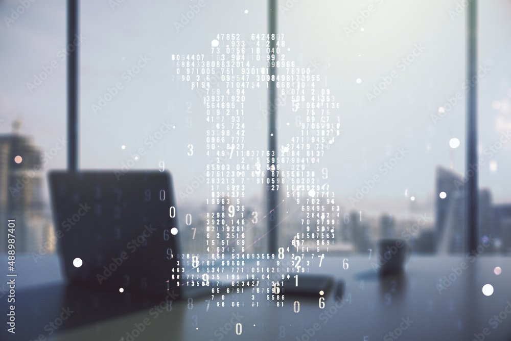 Poster double exposure of creative bitcoin symbol hologram and modern desk with computer on background. min