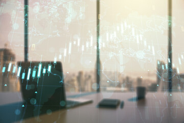 Multi exposure of abstract financial diagram with world map and modern desk with computer on...