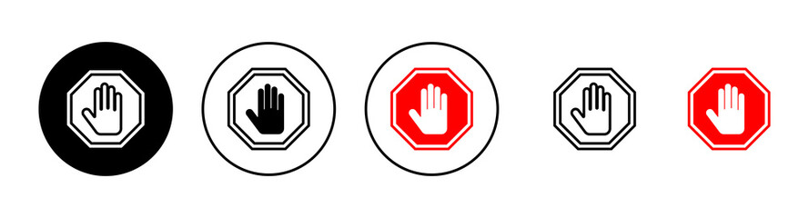 Stop icons set. stop road sign. hand stop sign and symbol. Do not enter stop red sign with hand