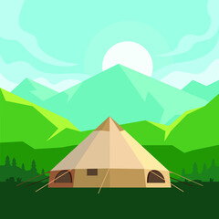 Landscape, Tent, Hiking and camping, Vector flat illustration, Morning, Mountain