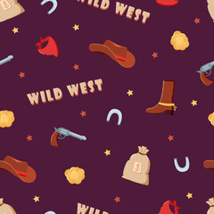 Seamless pattern Wild West set of vector illustrations. Cowboy western elements icon. hat, neckerchief, boots, lasso, horseshoe, bag and money, pistol and cigarette.