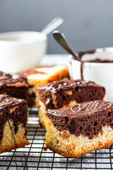 Marble cake slices on cooling tray. Sweet food dessert